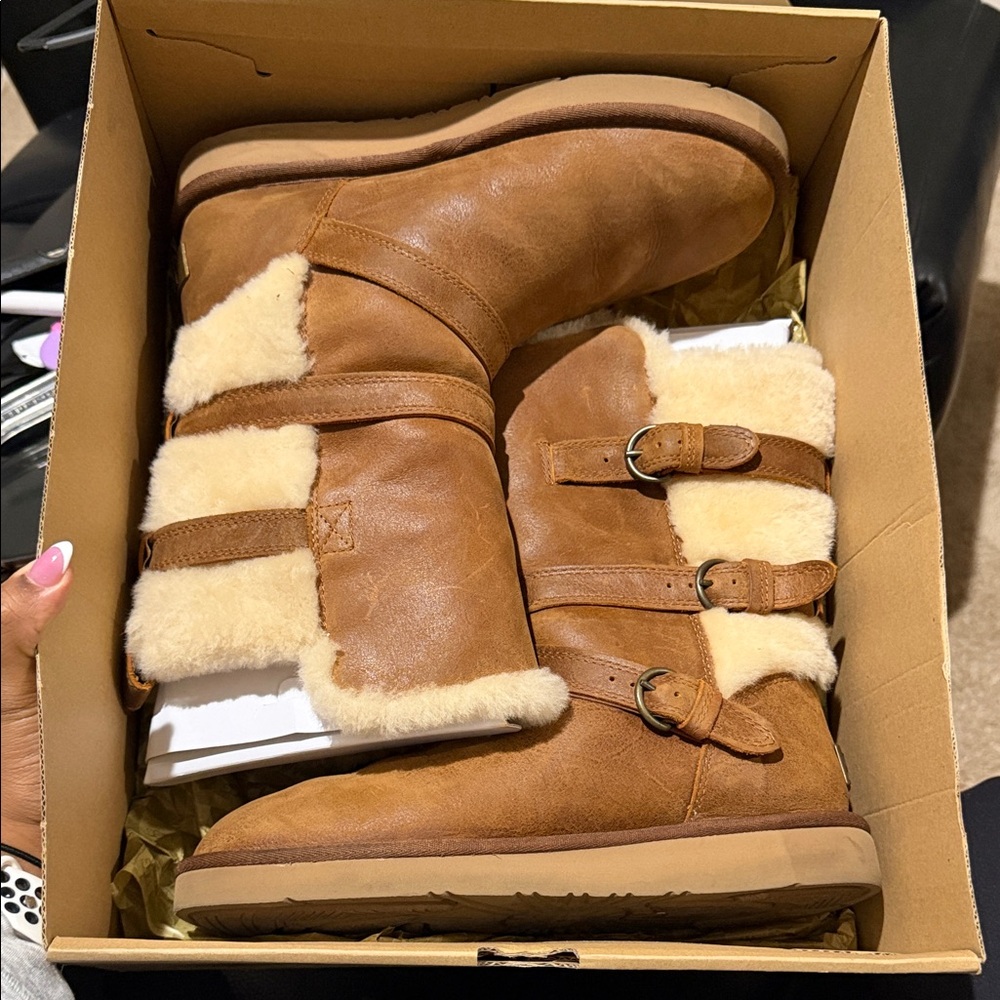 UGG Tan Shearling Buckle Boots